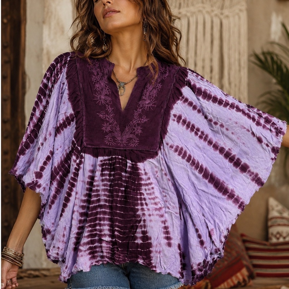 Earthbound Trading Co Womens XL Embroidered Tie-Dyed Poncho Cape Top